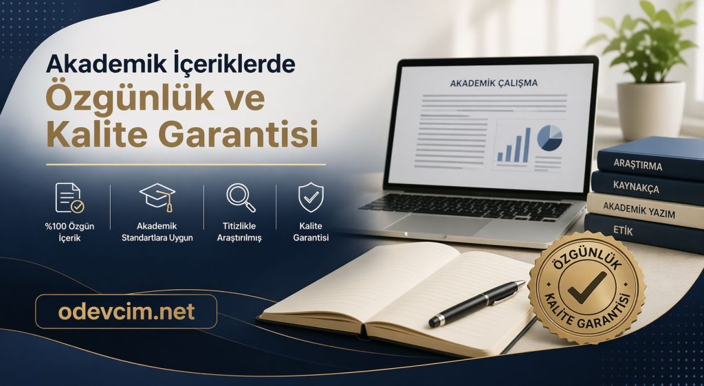 Akademik içeriklerde özgünlük ve kalite garantisini vurgulayan banner; laptop, kitaplar ve not defteriyle temsili görsel.