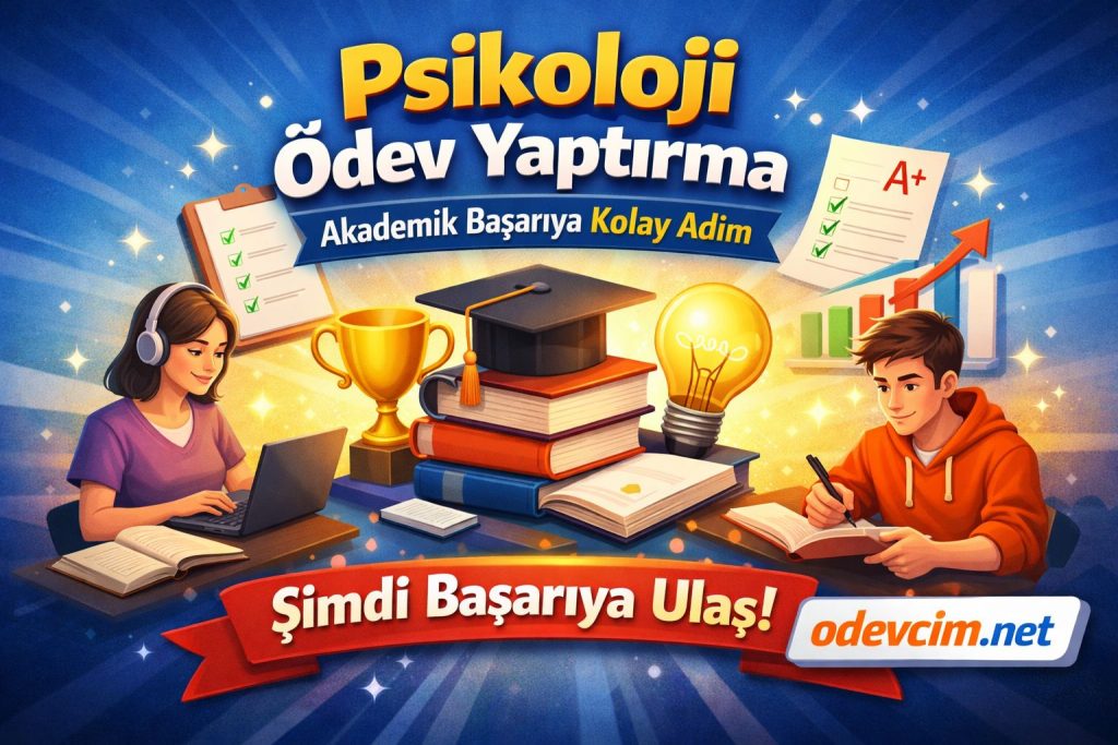 Turkish ad banner for psychology homework help, showing two students studying with books, laptop, trophy, light bulb, and charts to symbolize learning.
